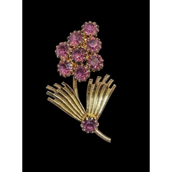 Vintage Purple And Gold Tone Floral Rhinestone Brooch - Picture 1 of 3